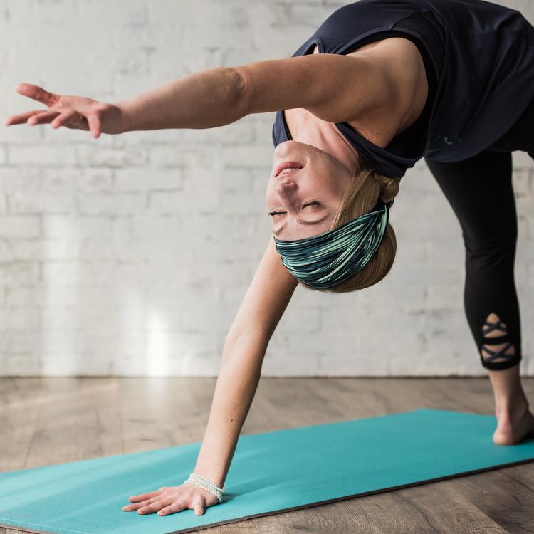 Viridian Blue Easy-Roll Yoga Mat in use