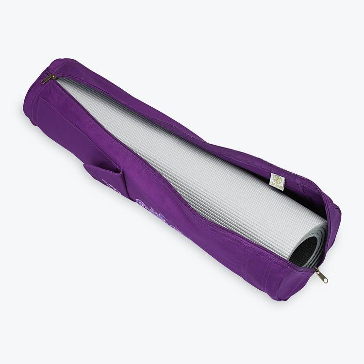 Gaiam Deep Plum Surf Cargo Mat Bag unzipped with yoga mat